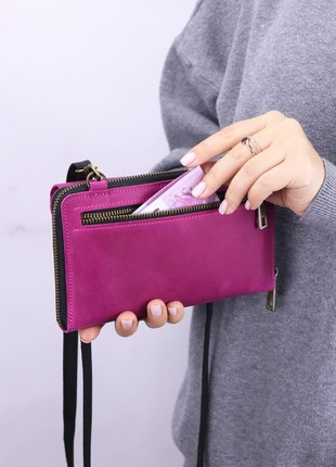 Women's leather shoulder clutch with phone pocket/ crossbody bag for women/ leather long wallet/ Pink & Black - 10015 photo
