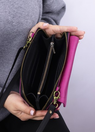 Women's leather shoulder clutch with phone pocket/ crossbody bag for women/ leather long wallet/ Pink & Black - 10014 photo