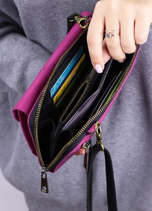 Women's leather shoulder clutch with phone pocket/ crossbody bag for women/ leather long wallet/ Pink & Black - 10012 photo