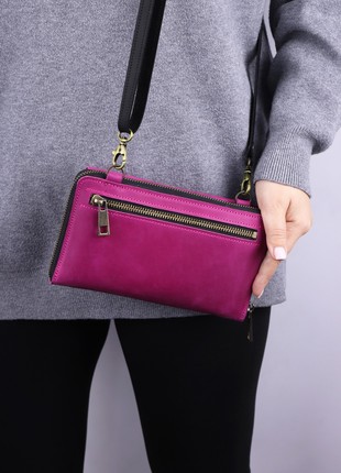 Women's leather shoulder clutch with phone pocket/ crossbody bag for women/ leather long wallet/ Pink & Black - 10016 photo