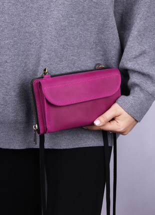 Women's leather shoulder clutch with phone pocket/ crossbody bag for women/ leather long wallet/ Pink & Black - 10017 photo