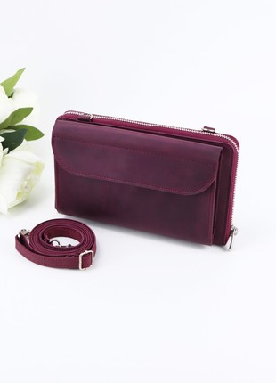 Women's Medium Handmade Zipper Crossbody Leather Wallet | Shoulder Bag for Cell Phone | Burgundy- 1001-A3 photo
