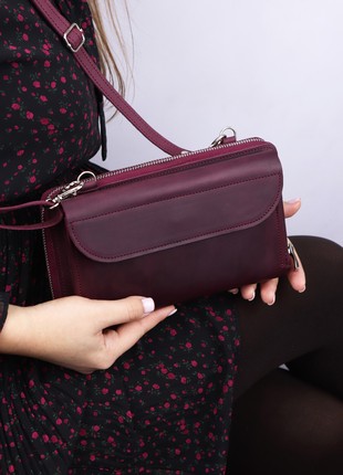 Women's Medium Handmade Zipper Crossbody Leather Wallet | Shoulder Bag for Cell Phone | Burgundy- 1001-A4 photo