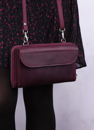 Women's Medium Handmade Zipper Crossbody Leather Wallet | Shoulder Bag for Cell Phone | Burgundy- 1001-A5 photo