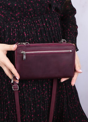 Women's Medium Handmade Zipper Crossbody Leather Wallet | Shoulder Bag for Cell Phone | Burgundy- 1001-A8 photo
