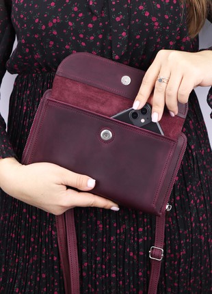 Women's Medium Handmade Zipper Crossbody Leather Wallet | Shoulder Bag for Cell Phone | Burgundy- 1001-A2 photo