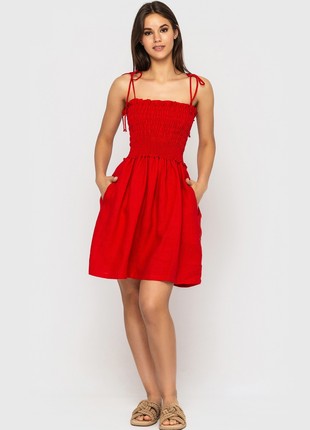 Red Linen Spaghetti Strap Mini Sundress2 photo