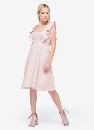 Pink linen mini sundress with straps and ruffles2 photo