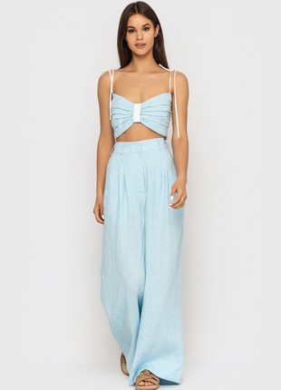 Blue linen top with pleats on the straps