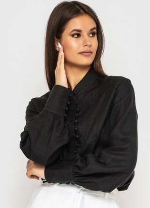 Black Linen shirt with stand-up collar and wide cuffs