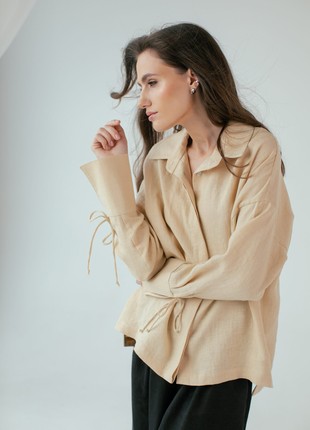 Beige linen shirt with wide cuffs and ties3 photo