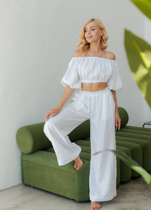 Set of white linen top and trousers9 photo