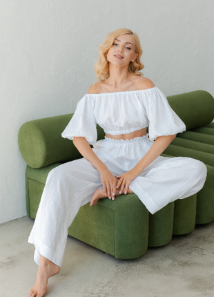 Set of white linen top and trousers4 photo