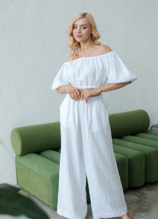 Set of white linen top and trousers7 photo