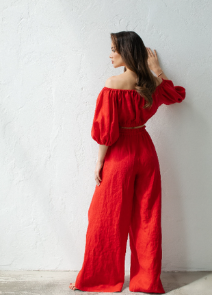 Set of red linen top and trousers8 photo