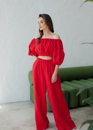 Set of red linen top and trousers