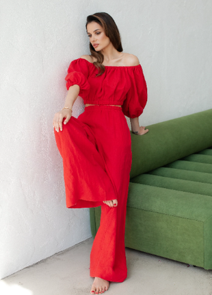 Set of red linen top and trousers4 photo