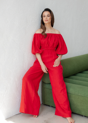 Set of red linen top and trousers3 photo