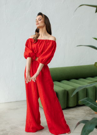 Set of red linen top and trousers2 photo