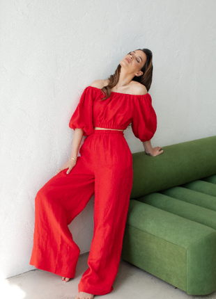 Set of red linen top and trousers7 photo