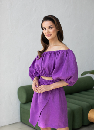 Lilac linen top and skirt set5 photo