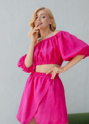 Fuchsia linen top and skirt set4 photo