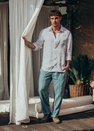 Men's trousers made of turquoise linen4 photo