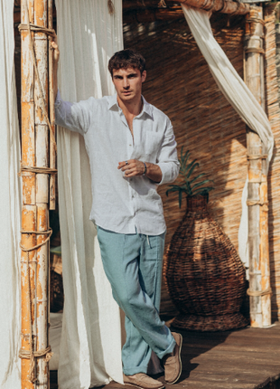Men's trousers made of turquoise linen5 photo