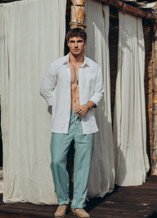 Men's trousers made of turquoise linen3 photo