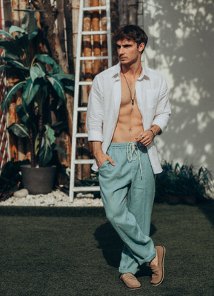 Men's trousers made of turquoise linen2 photo