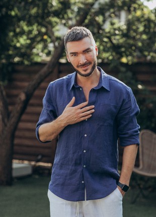 Men's Shirt made of dark blue linen6 photo