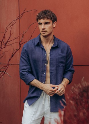 Men's Shirt made of dark blue linen1 photo