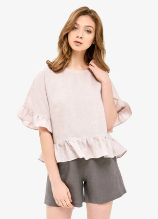 Linen Pajama Set Pale Rose top and Gray shorts