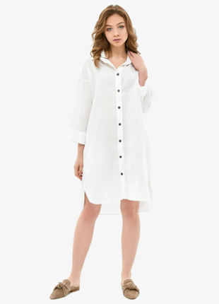White Linen Shirt Dress With Coconut Buttons6 photo