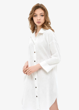 White Linen Shirt Dress With Coconut Buttons5 photo