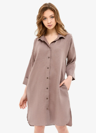 Mocha Linen Shirt Dress With Coconut Buttons5 photo