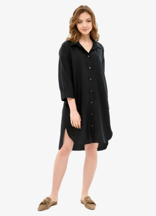 Black Linen Shirt Dress With Coconut Buttons4 photo
