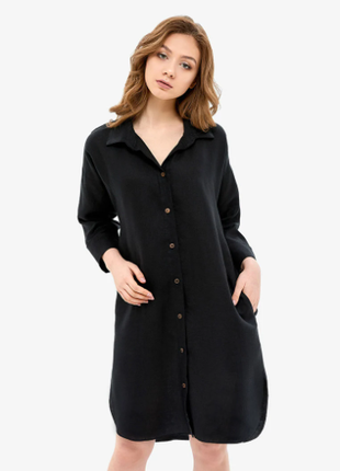 Black Linen Shirt Dress With Coconut Buttons5 photo