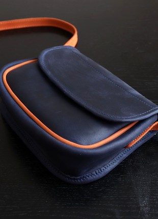 Leather Small Women's Half Round Shoulder Bag for Women/ Blue + Orange/ 10077 photo