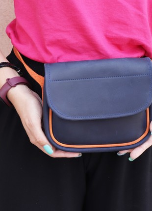 Leather Small Women's Half Round Shoulder Bag for Women/ Blue + Orange/ 10078 photo