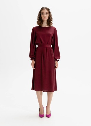 Burgundy silk dress with belt1 photo