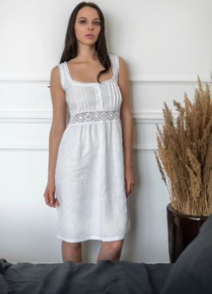 White Linen Night Gown with Cotton Lace and Buttons