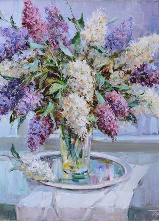 Oil painting flowers "Lilac  in a vase" unframed