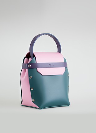 Adhara Leather Bag in pine green, pink and purple color.