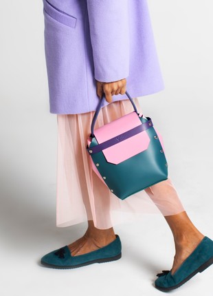 Adhara Leather Bag in pine green, pink and purple color.3 photo