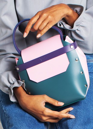 Adhara Leather Bag in pine green, pink and purple color.6 photo