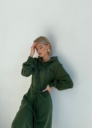 Dress with a hood and a drawstring at the waist is Green3 photo