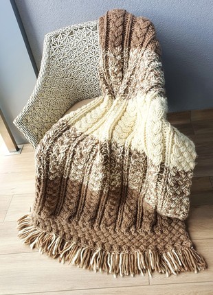 Merino knit blanket Brown Beige throw striped