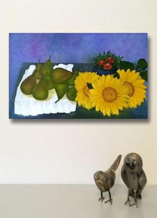 Country still life with green pears and sunflowers still life with fruit and flowers sunflowers art
