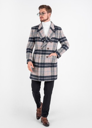 A checkered wool coat is blue